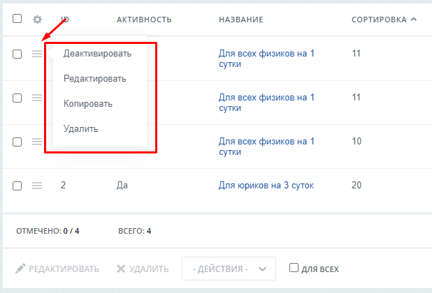 Меню действий